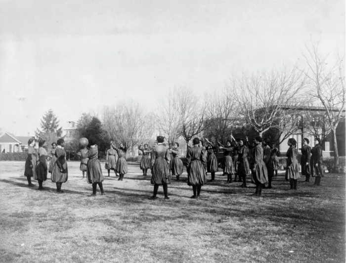 Framed Print : Indian and black girls exercising with medicine ball, Hampton Institute, 1899 or 1900. Creator: Frances Benjamin Johnston Framed Print : Indian and black girls exercising with medicine ball, Hampton Institute, 1899 or 1900. Creator: Frances Benjamin Johnston