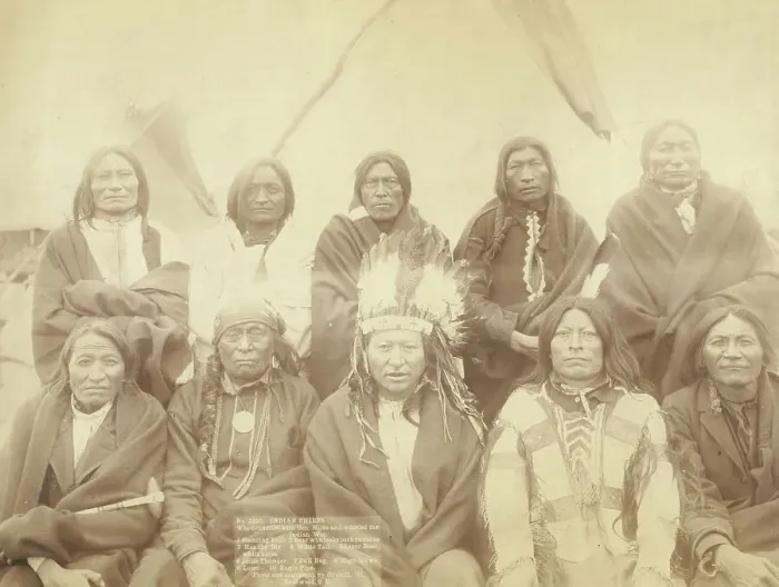 Framed Print : Indian chiefs who counciled with Gen Miles and setteled [sic] the Indian War -- 1 Standing... 1891. Creator: John C. H. Grabill