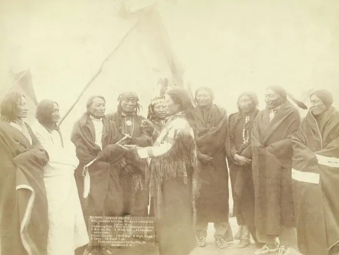 Framed Print : Indian chiefs who counciled with Gen Miles and setteled [sic] the Indian War -- 1 Standing... 1891. Creator: John C. H. Grabill