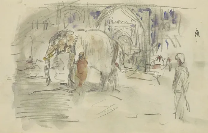 Framed Print : Indian with an elephant at a gate, 1924-1925. Creator: Marius Bauer Framed Print : Indian with an elephant at a gate, 1924-1925. Creator: Marius Bauer