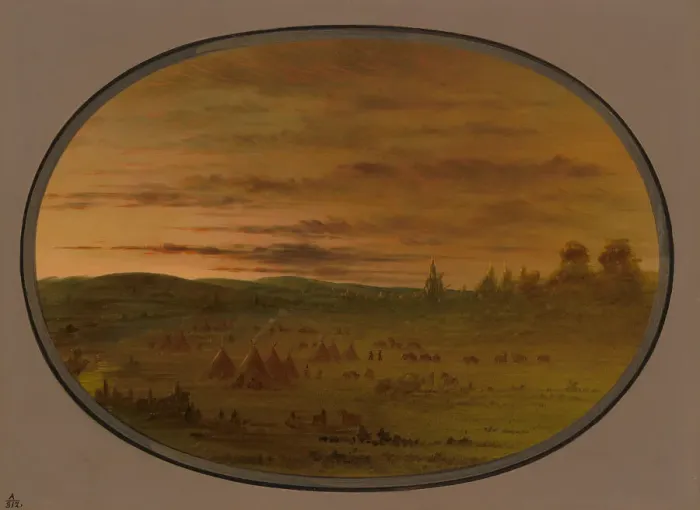 Framed Print : An Indian Encampment at Sunset, 1861 / 1869. Creator: George Catlin Framed Print : An Indian Encampment at Sunset, 1861 / 1869. Creator: George Catlin