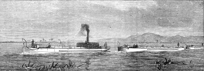 Framed Print : The Indian Famine: steam-tugs and lighters for conveying grain, 1874. Creator: Unknown Framed Print : The Indian Famine: steam-tugs and lighters for conveying grain, 1874. Creator: Unknown
