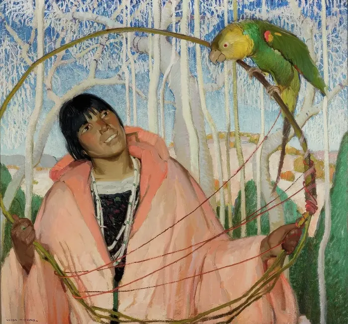 Framed Print : Indian Girl with Parrot and Hoop, about 1922. Creator: Victor Higgins Framed Print : Indian Girl with Parrot and Hoop, about 1922. Creator: Victor Higgins