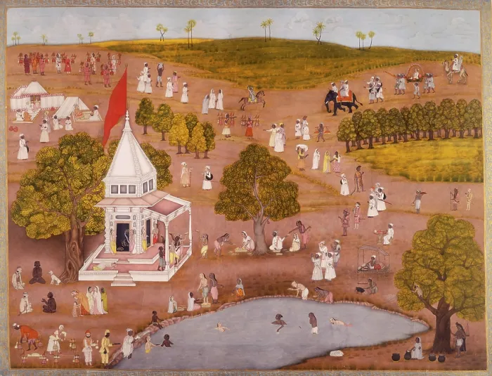 Framed Print : Indian landscape with people swimming near a temple, c1760. Creator: Unknown Framed Print : Indian landscape with people swimming near a temple, c1760. Creator: Unknown