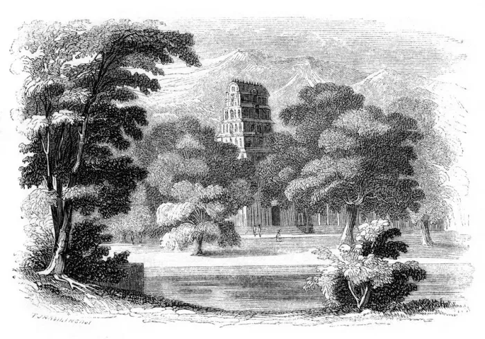 Framed Print : Indian landscape and temple, 1847. Artist: Robinson Framed Print : Indian landscape and temple, 1847. Artist: Robinson