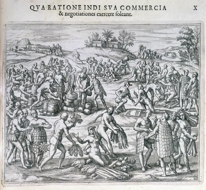 Framed Print : An Indian market near the port of Carthagena, America, 1595. Creator: Theodor de Bry Framed Print : An Indian market near the port of Carthagena, America, 1595. Creator: Theodor de Bry