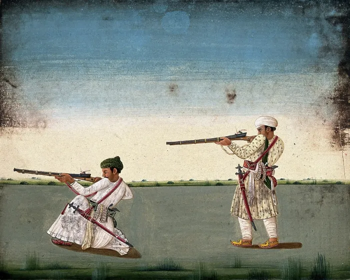 Framed Print : Two Indian soldiers (?) take aim and fire their rifles, (between 1800 and 1899?). Creator: Unknown Framed Print : Two Indian soldiers (?) take aim and fire their rifles, (between 1800 and 1899?). Creator: Unknown