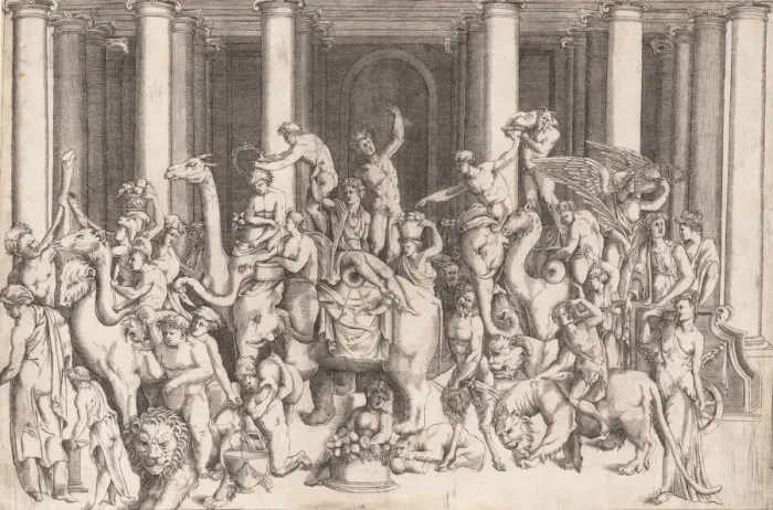 Framed Print : The Indian Triumph of Bacchus, ca. 1542. Creator: Attributed to Enea Vico Framed Print : The Indian Triumph of Bacchus, ca. 1542. Creator: Attributed to Enea Vico