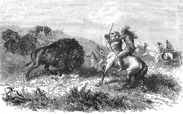 Indians hunting Bison; Ocean to Ocean, the Pacific railroad, 1875. Creator: Frederick Whymper