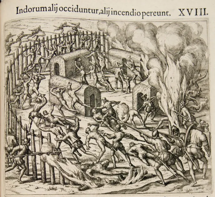 Framed Print : Some Indians are killed, some perish in a fire. (From: Americae pars qvarta). Artist: Bry, Theodor de (1528-1598) Framed Print : Some Indians are killed, some perish in a fire. (From: Americae pars qvarta). Artist: Bry, Theodor de (1528-1598)