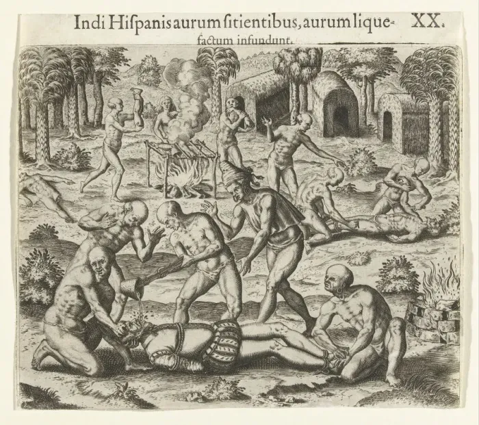 Framed Print : Indians pour liquid gold into the mouth of a Spaniard, 1594. Creator: Bry, Theodor de (1528-1598) Framed Print : Indians pour liquid gold into the mouth of a Spaniard, 1594. Creator: Bry, Theodor de (1528-1598)