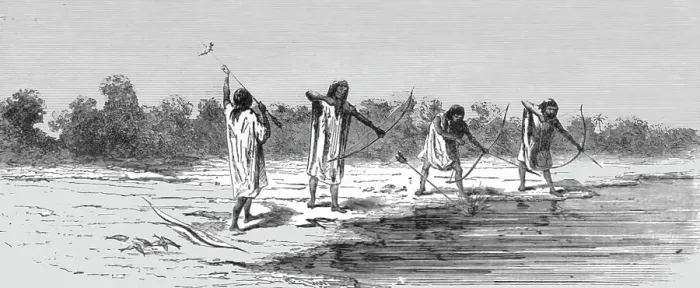 Framed Print : Indians Shooting Fish; The Fresh-water Turtle of the Amazons, 1875. Creator: Unknown Framed Print : Indians Shooting Fish; The Fresh-water Turtle of the Amazons, 1875. Creator: Unknown