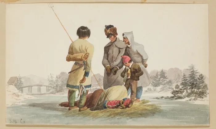 Framed Print : Indians Spearing Trout through the Ice, between 1800 and 1825. Creator: Unknown Framed Print : Indians Spearing Trout through the Ice, between 1800 and 1825. Creator: Unknown