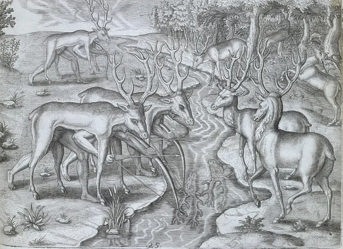 Framed Print : Indians using deer skins to hunt deer, 1591. Creator: Theodor de Bry Framed Print : Indians using deer skins to hunt deer, 1591. Creator: Theodor de Bry