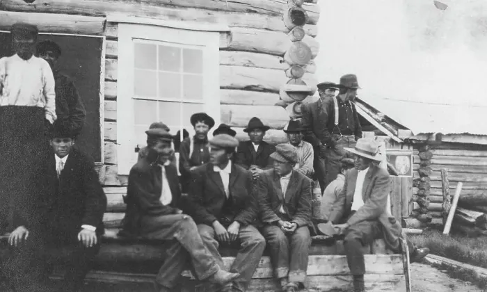 Framed Print : Indigenous peoples outside of log building, between c1900 and 1916. Creator: Unknown Framed Print : Indigenous peoples outside of log building, between c1900 and 1916. Creator: Unknown