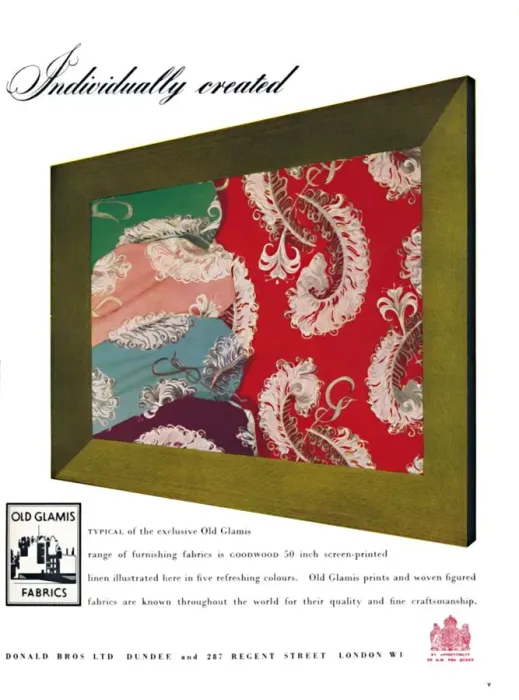 Framed Print : Individually created - Old Glamis Fabrics advertisement, c1945 Framed Print : Individually created - Old Glamis Fabrics advertisement, c1945