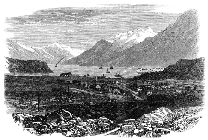 Framed Print : The Indo-European Telegraph: Elphinstone Inlet, Persian Gulf, with a view of the Fort, 1865. Creator: Unknown Framed Print : The Indo-European Telegraph: Elphinstone Inlet, Persian Gulf, with a view of the Fort, 1865. Creator: Unknown