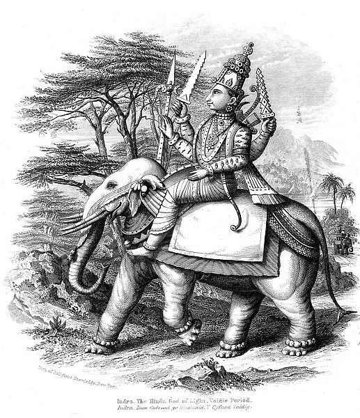 Indra, principal of the Vedic gods of India mounted on his elephant, c1880