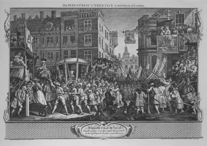 Framed Print : The Industrious Prentice Lord-Mayor of London - Plate 12 from Industry and Idleness, 1747. Artist: William Hogarth