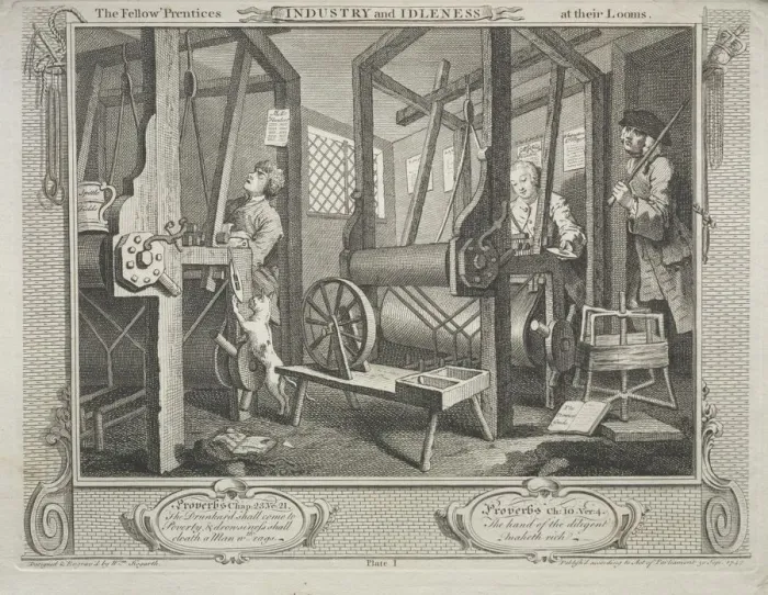 Framed Print : Industry and Idleness: The Fellow Prentices at their Looms, 1747. Creator: William Hogarth Framed Print : Industry and Idleness: The Fellow Prentices at their Looms, 1747. Creator: William Hogarth
