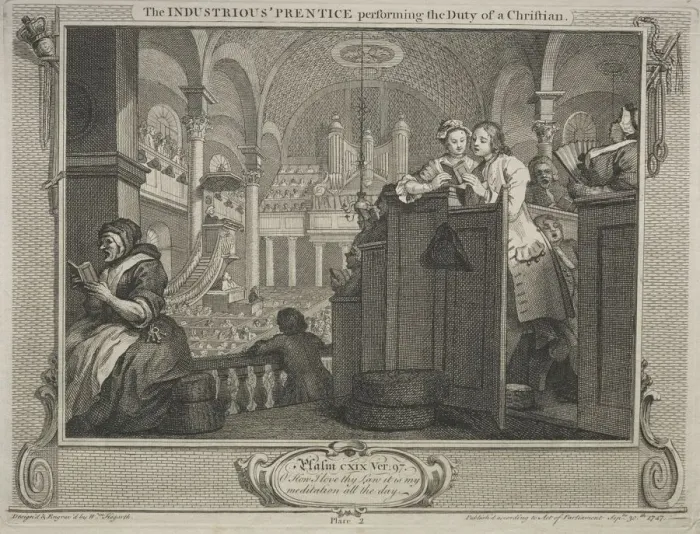 Framed Print : Industry and Idleness: The Industrious Prentice Performing the Duty of a Christian, 1747 Framed Print : Industry and Idleness: The Industrious Prentice Performing the Duty of a Christian, 1747