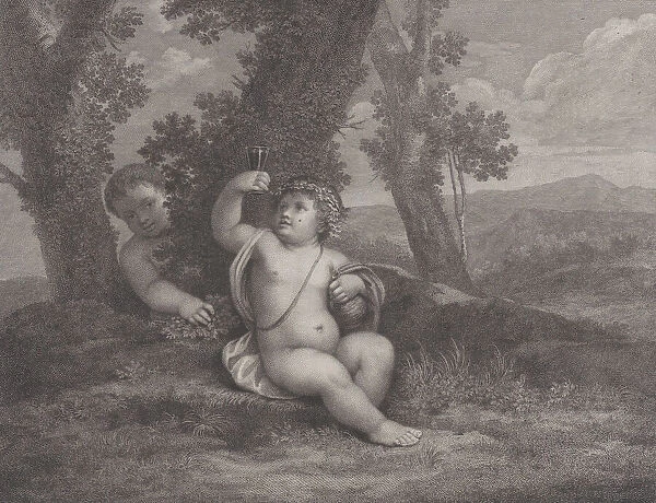 The infant Bacchus seated under a tree, holding up a wine glass