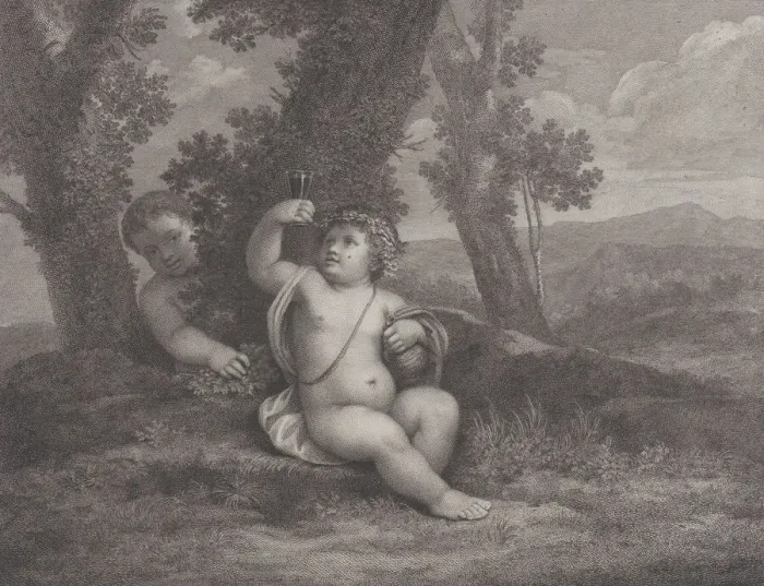 Framed Print : The infant Bacchus seated under a tree, holding up a wine glass Framed Print : The infant Bacchus seated under a tree, holding up a wine glass