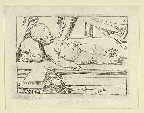 The infant Christ asleep on a cross, his head resting on a skull, a crown of thorn... 17th century. Creator: Anon