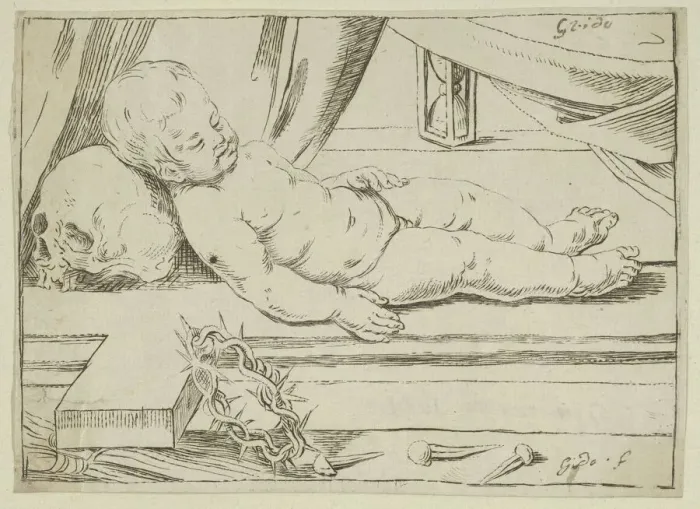 Framed Print : The infant Christ asleep on a cross, his head resting on a skull, a crown of thorn... 17th century. Creator: Anon Framed Print : The infant Christ asleep on a cross, his head resting on a skull, a crown of thorn... 17th century. Creator: Anon