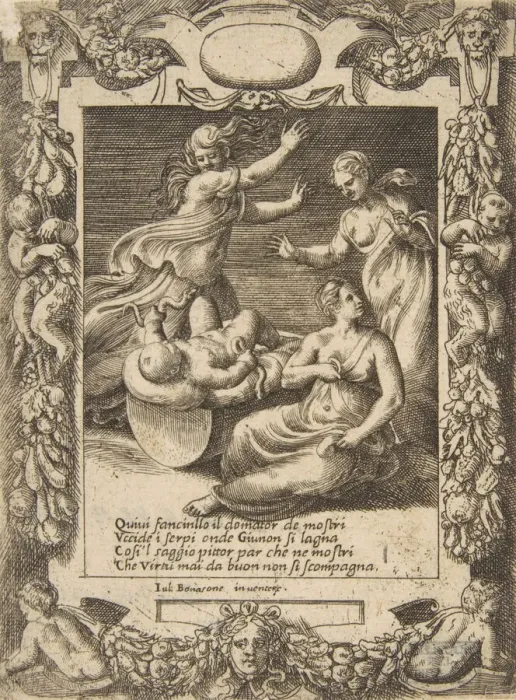Framed Print : The infant Hercules killing the snakes, set within an elaborate frame, from the Loves Framed Print : The infant Hercules killing the snakes, set within an elaborate frame, from the Loves
