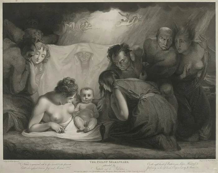 Framed Print : The Infant Shakespeare Attended by Nature and the Passions, published 1799. Creators: Benjamin Smith, John Boydell, Josiah Boydell Framed Print : The Infant Shakespeare Attended by Nature and the Passions, published 1799. Creators: Benjamin Smith, John Boydell, Josiah Boydell