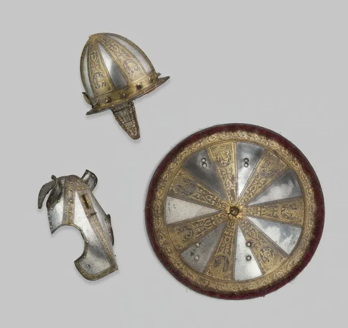 Framed Print : Infantry Garniture of a Target (Shield) and Pointed Morion, Milan, 1570 / 80 Framed Print : Infantry Garniture of a Target (Shield) and Pointed Morion, Milan, 1570 / 80