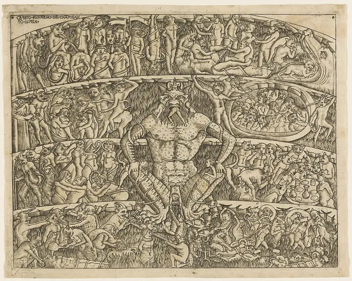 Framed Print : The Inferno According to Dante, from the Campo Santo Frescos in Pisa, 1480 / 1500. Creators: Unknown, Baccio Baldini Framed Print : The Inferno According to Dante, from the Campo Santo Frescos in Pisa, 1480 / 1500. Creators: Unknown, Baccio Baldini
