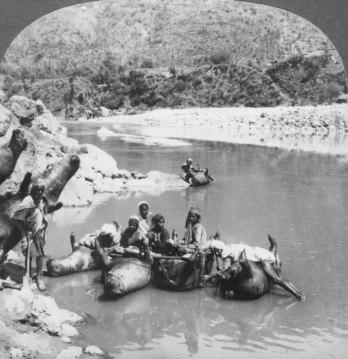 Framed Print : Inflated bullock skins used as ferry boats on the Sutlej River, Punjab, India, c1900s Framed Print : Inflated bullock skins used as ferry boats on the Sutlej River, Punjab, India, c1900s