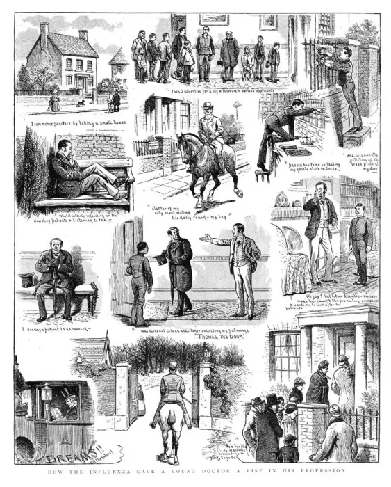 Framed Print : How the Influenza gave a young Doctor a rise in his Profession, 1890. Creator: Unknown Framed Print : How the Influenza gave a young Doctor a rise in his Profession, 1890. Creator: Unknown
