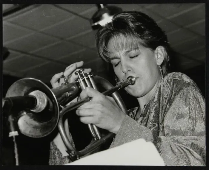 Framed Print : Ingrid Jensen playing the flugelhorn at The Fairway, Welwyn Garden City, Hertfordshire, 1997 Framed Print : Ingrid Jensen playing the flugelhorn at The Fairway, Welwyn Garden City, Hertfordshire, 1997