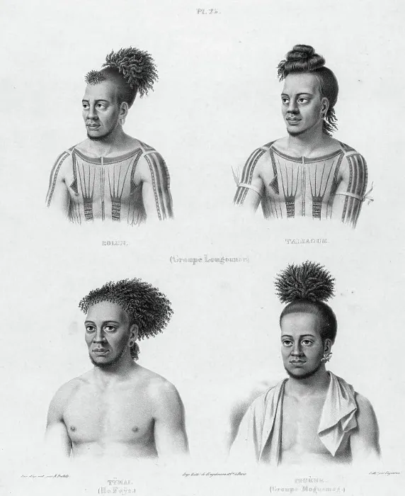 Framed Print : Inhabitants of the lower Caroline Islands, 19th century. Creators: Alexander Postels, Godefroy Engelmann