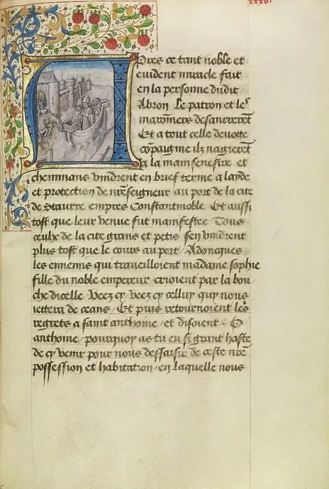 Framed Print : Initial A: Arrival of Ships in Constantinople, about 1465-1470. Creators: Master of the Brussels Romuleon, Workshop of the Master of the Brussels Romuleon Framed Print : Initial A: Arrival of Ships in Constantinople, about 1465-1470. Creators: Master of the Brussels Romuleon, Workshop of the Master of the Brussels Romuleon