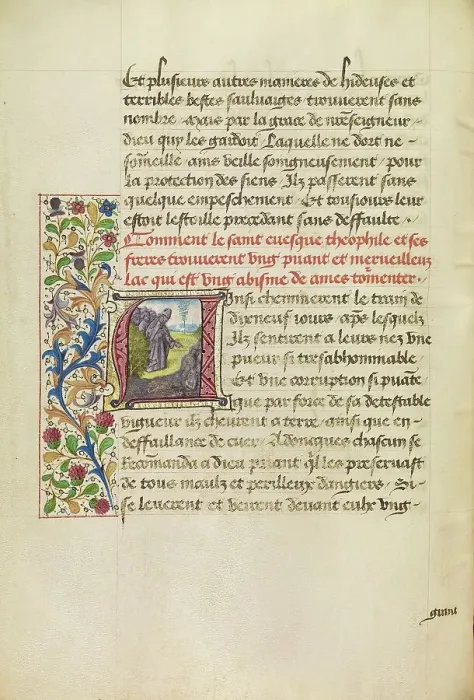 Framed Print : Initial A: Bishop Theophilus Speaking to Tortured Souls Arising from the Bottom... about 1465-1470. Creators: Master of the Brussels Romuleon, Workshop of the Master of the Brussels Romuleon Framed Print : Initial A: Bishop Theophilus Speaking to Tortured Souls Arising from the Bottom... about 1465-1470. Creators: Master of the Brussels Romuleon, Workshop of the Master of the Brussels Romuleon