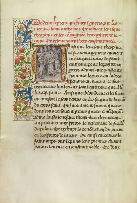 Framed Print : Initial A: The Body of Saint Anthony Transported to Constantinople and the Healing... about 1465-70 Creators: Master of the Brussels Romuleon, Workshop of the Master of the Brussels Romuleon Framed Print : Initial A: The Body of Saint Anthony Transported to Constantinople and the Healing... about 1465-70 Creators: Master of the Brussels Romuleon, Workshop of the Master of the Brussels Romuleon
