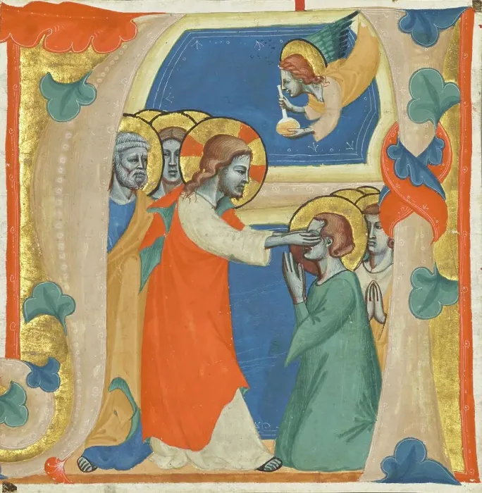 Framed Print : Initial A: Christ Wiping the Tears from the Eyes of the Saved, about 1330-1340. Creator: Master of the Antiphonary of San Giovanni Fuorcivitas Framed Print : Initial A: Christ Wiping the Tears from the Eyes of the Saved, about 1330-1340. Creator: Master of the Antiphonary of San Giovanni Fuorcivitas