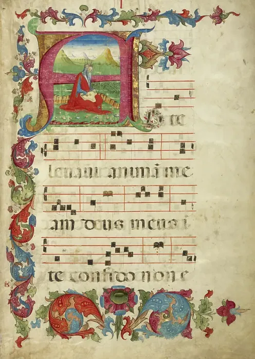Framed Print : Initial A: David Playing the Psaltery; Gradual, about 1460-1480. Creator: Unknown Framed Print : Initial A: David Playing the Psaltery; Gradual, about 1460-1480. Creator: Unknown