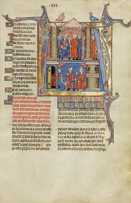 Framed Print : Initial A: Two Men before a King and A Man Speaking to a Family; Vidal Mayor, about 1290-1310. Creators: Unknown, Michael Lupi de Candiu Framed Print : Initial A: Two Men before a King and A Man Speaking to a Family; Vidal Mayor, about 1290-1310. Creators: Unknown, Michael Lupi de Candiu