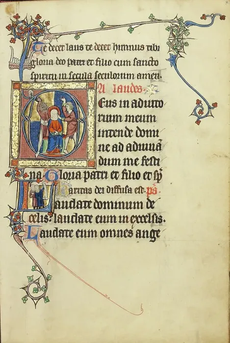 Framed Print : Initial A: The Mocking of Christ: Initial L: Two Men Holding Scrolls; Ruskin Hours, about 1300. Creator: Unknown Framed Print : Initial A: The Mocking of Christ: Initial L: Two Men Holding Scrolls; Ruskin Hours, about 1300. Creator: Unknown