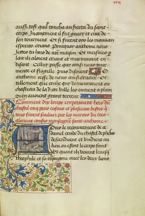 Framed Print : Initial A: Saint Anthony Saving Five Children from Wolves, about 1465-1470. Creators: Master of the Brussels Romuleon, Workshop of the Master of the Brussels Romuleon Framed Print : Initial A: Saint Anthony Saving Five Children from Wolves, about 1465-1470. Creators: Master of the Brussels Romuleon, Workshop of the Master of the Brussels Romuleon