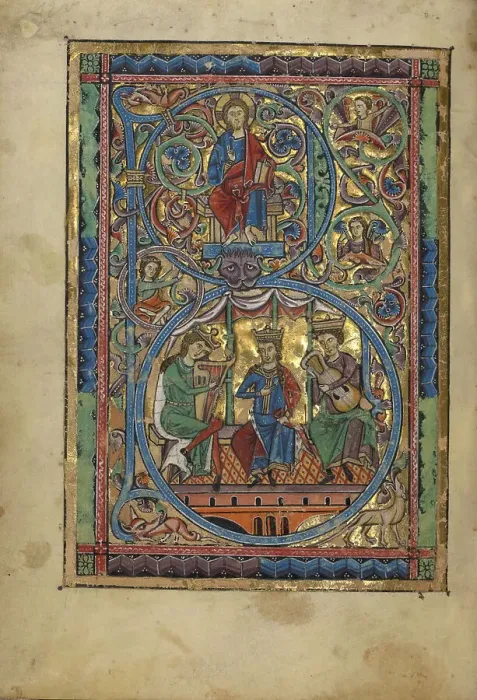 Framed Print : Initial B: Christ in Majesty and David with Musicians; Psalter, about 1240-1250. Creator: Unknown Framed Print : Initial B: Christ in Majesty and David with Musicians; Psalter, about 1240-1250. Creator: Unknown