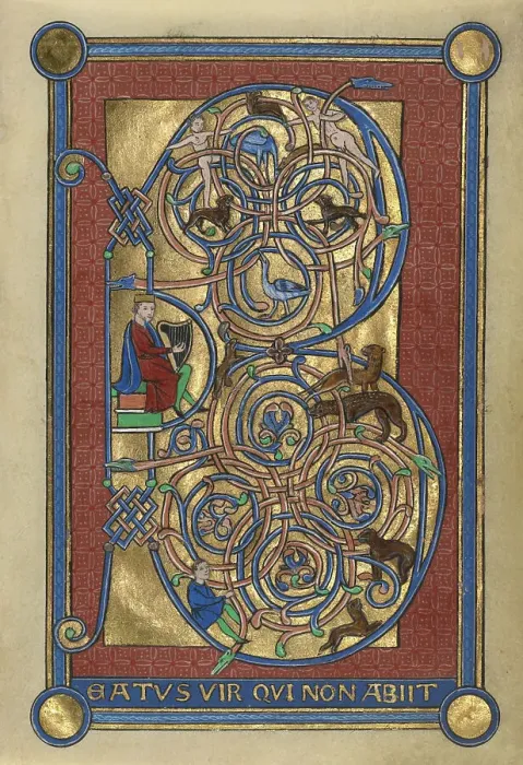 Framed Print : Initial B: David Playing the Harp; Bute Psalter, (replacement leaf, late 19th century?). Creator: Unknown