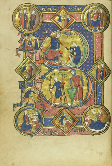 Framed Print : Initial B: David Playing the Harp and David and Goliath; Wenceslaus Psalter, about 1250-1260. Creator: Unknown Framed Print : Initial B: David Playing the Harp and David and Goliath; Wenceslaus Psalter, about 1250-1260. Creator: Unknown
