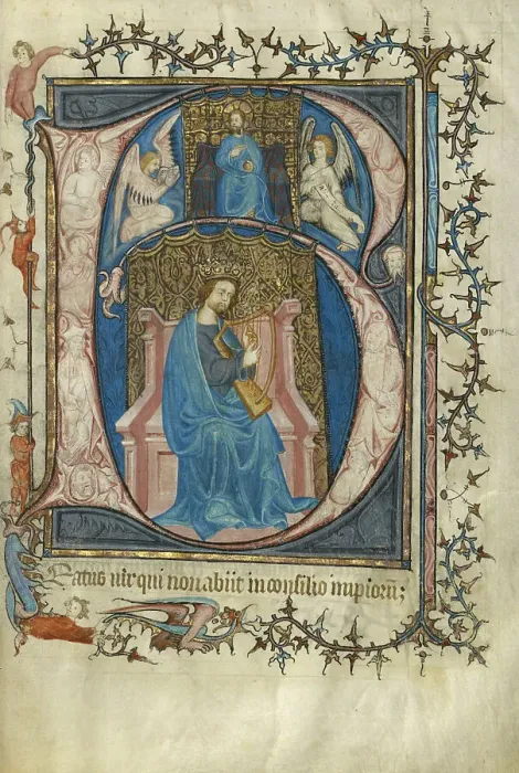 Framed Print : Initial B: David Playing the Harp; Psalter, about 1390. Creator: Unknown Framed Print : Initial B: David Playing the Harp; Psalter, about 1390. Creator: Unknown