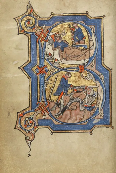 Framed Print : Initial B: David Playing the Harp for Saul, and David and Goliath; Psalter, mid-1200s. Creator: Unknown Framed Print : Initial B: David Playing the Harp for Saul, and David and Goliath; Psalter, mid-1200s. Creator: Unknown